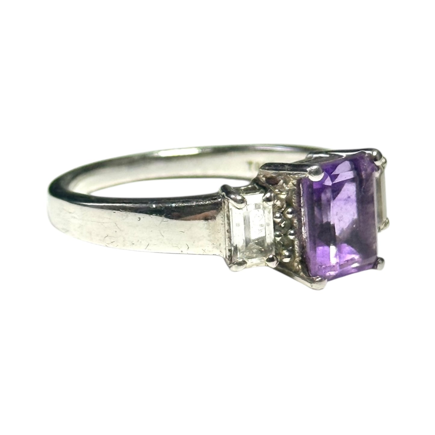 New Amethyst & White Topaz Silver Ring Size R CSC