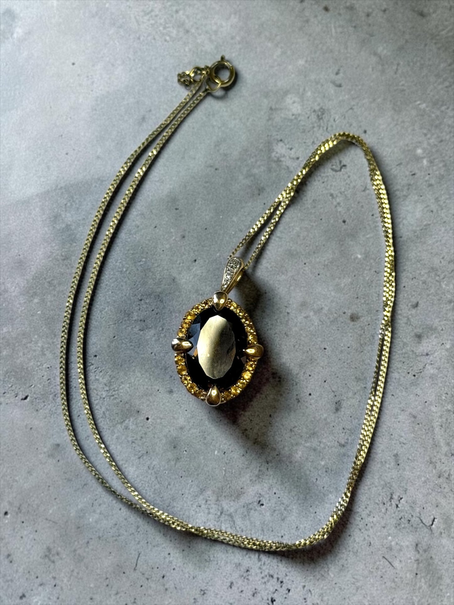 mpressive 5ct Smokey Quartz, Citrine & Diamond 9K Pendant and Chain