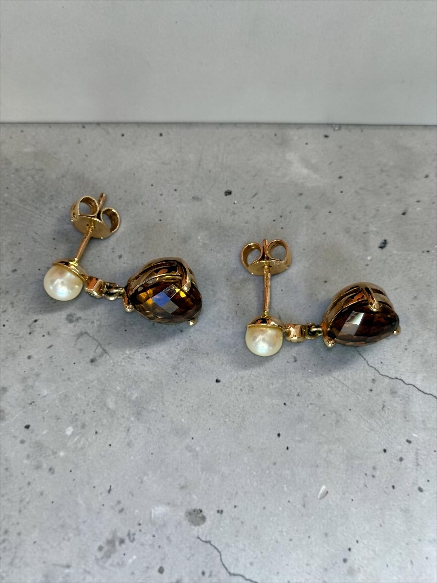 Stunning 9k Gold Cognac Citrine & Pearl Drop Earrings