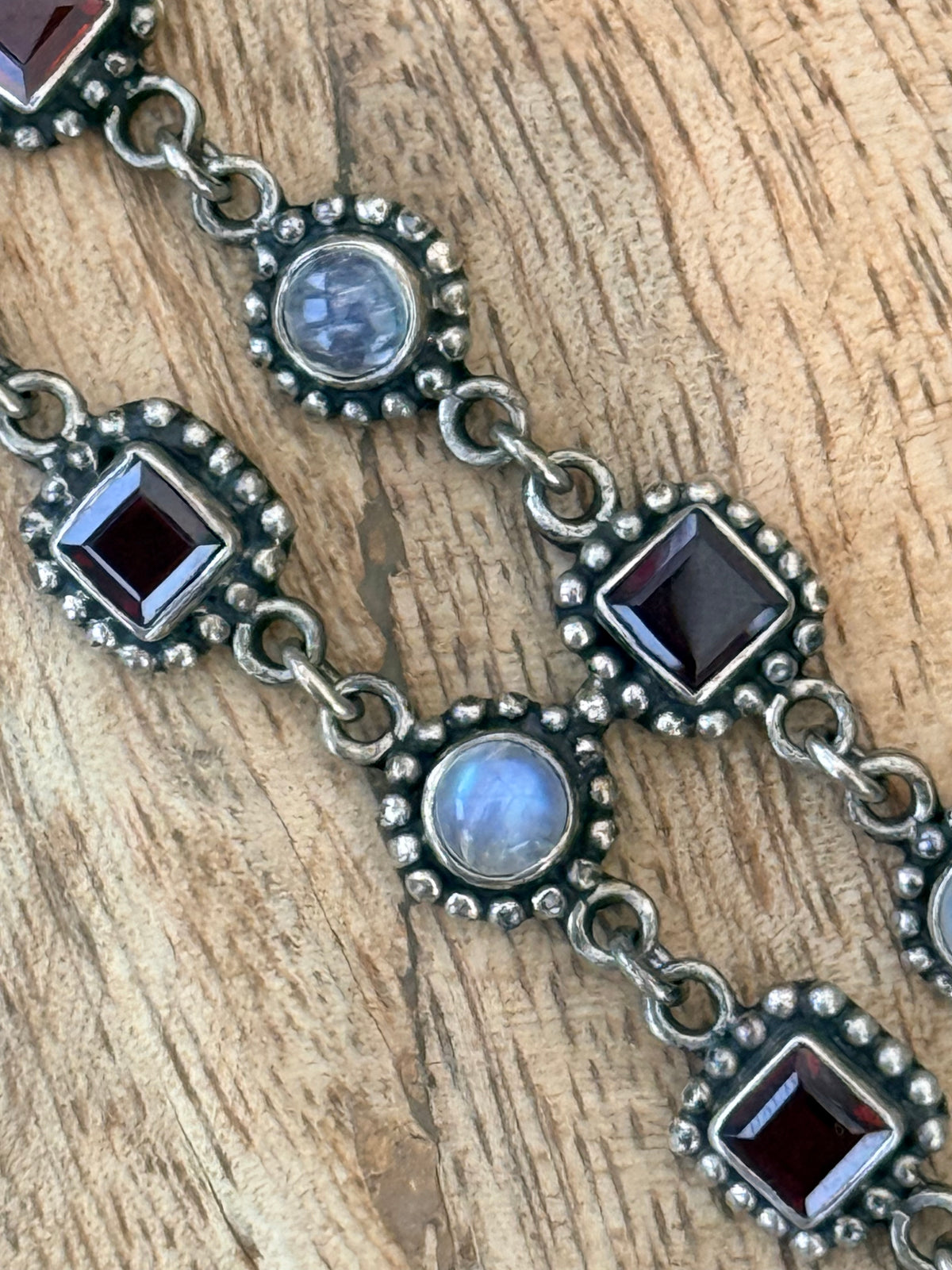 Pretty Double Row Moonstone & Garnet Vintage Bracelet 925 Silver 7 1/2"