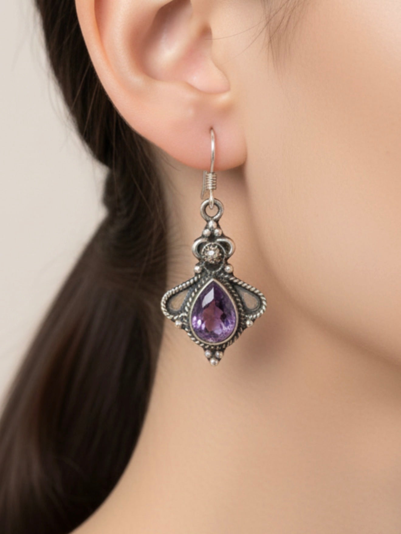 Vintage Amethyst Cabochon Silver Dangle Earrings