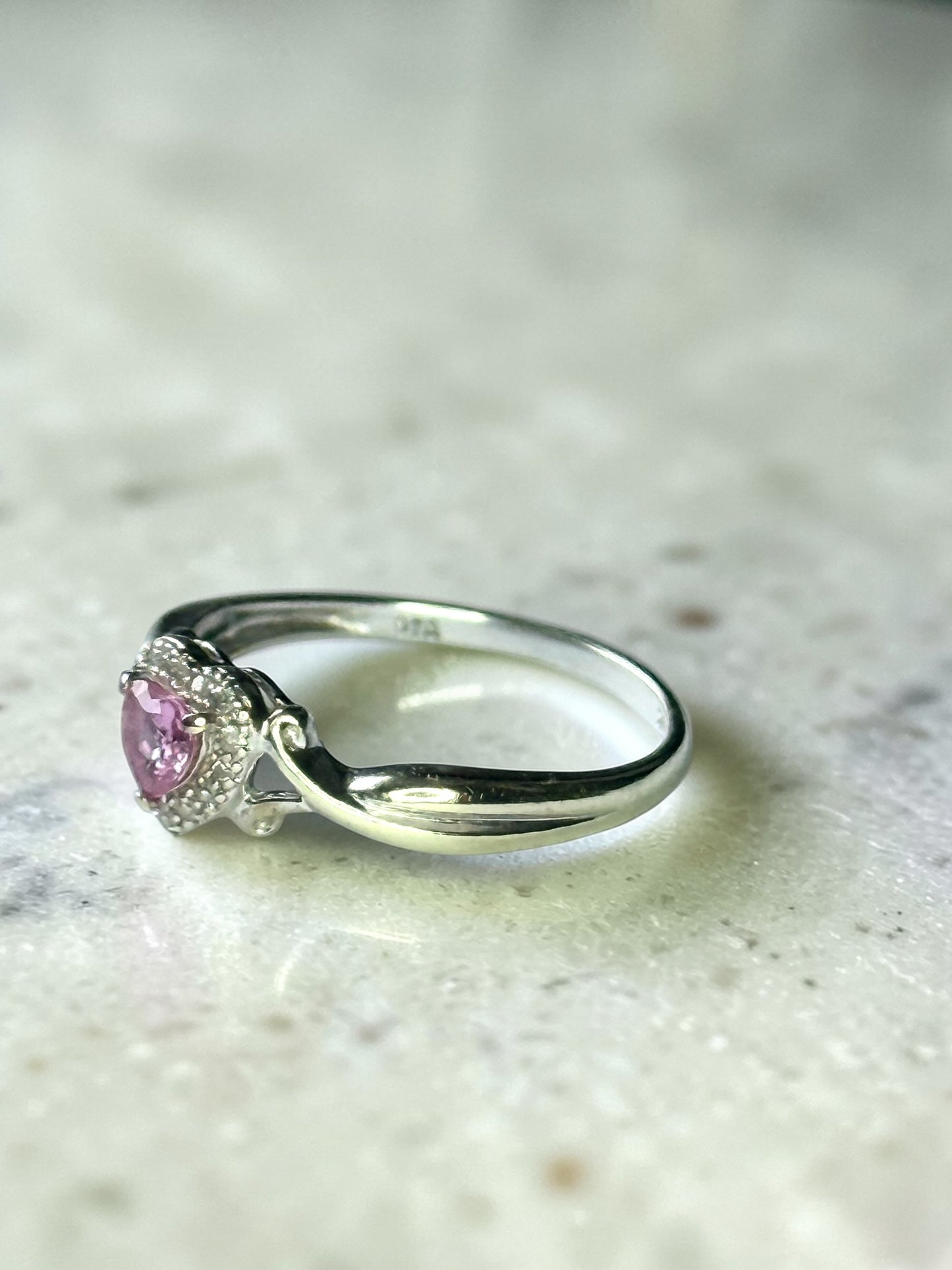 Pink Sapphire Heart & Diamond Halo White Gold Ring