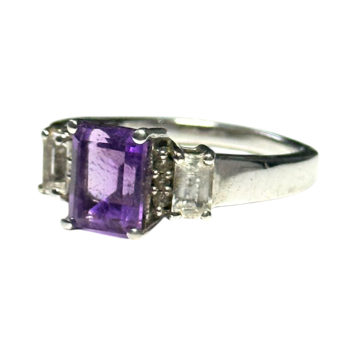 New Amethyst & White Topaz Silver Ring Size R CSC
