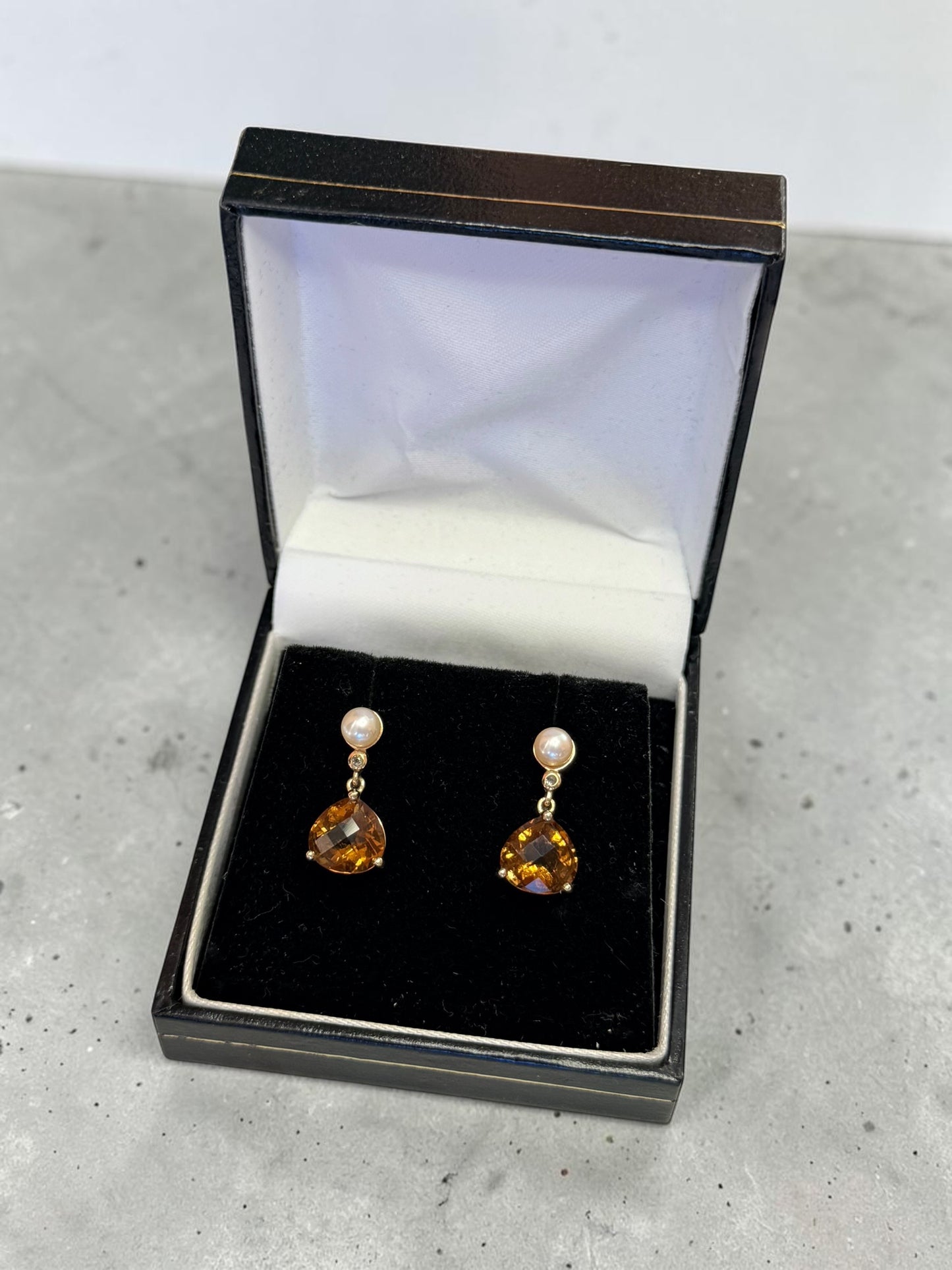 Stunning 9k Gold Cognac Citrine & Pearl Drop Earrings