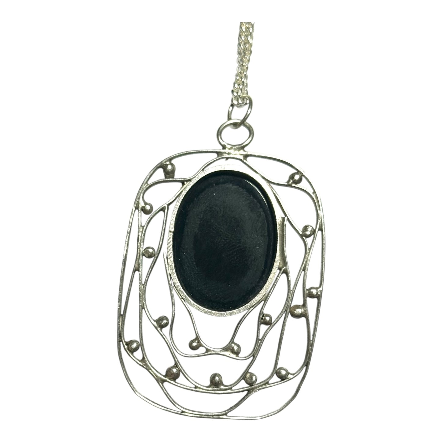 Vintage 1976 Obsidian Cabochon Silver Modernist Pendant & Chain