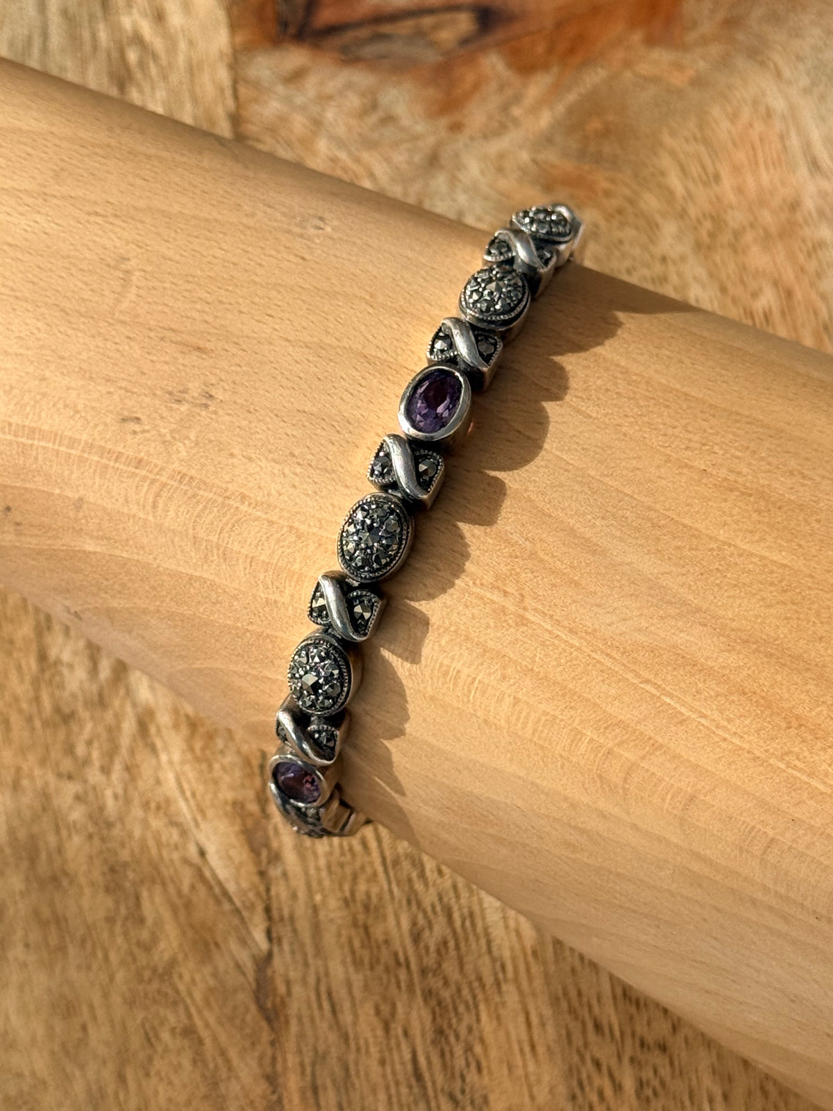Very Sparkly Art Deco Style Amethyst Marcasite 925 Silver Bracelet 7 1/2"