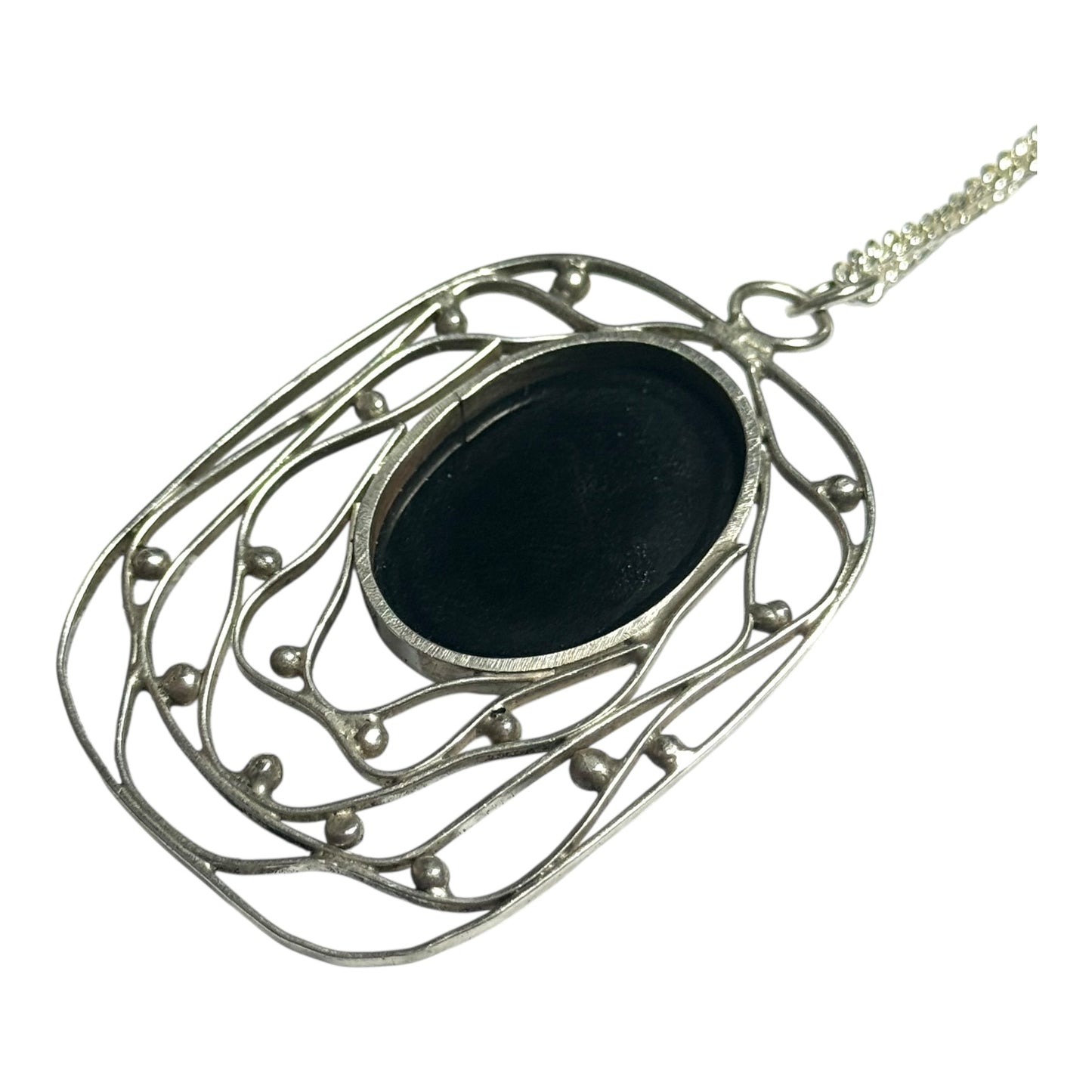 Vintage 1976 Obsidian Cabochon Silver Modernist Pendant & Chain