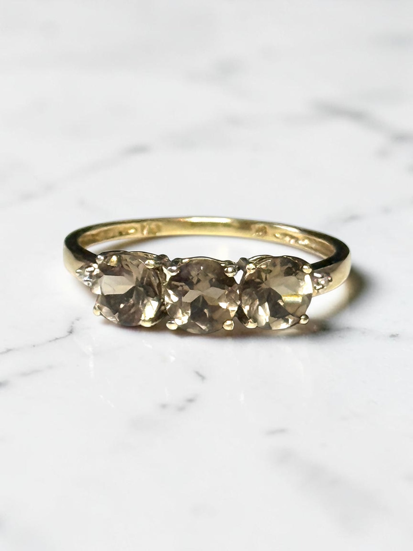 New Smokey Quartz Trilogy & Diamond 9k Gold Ring Size P