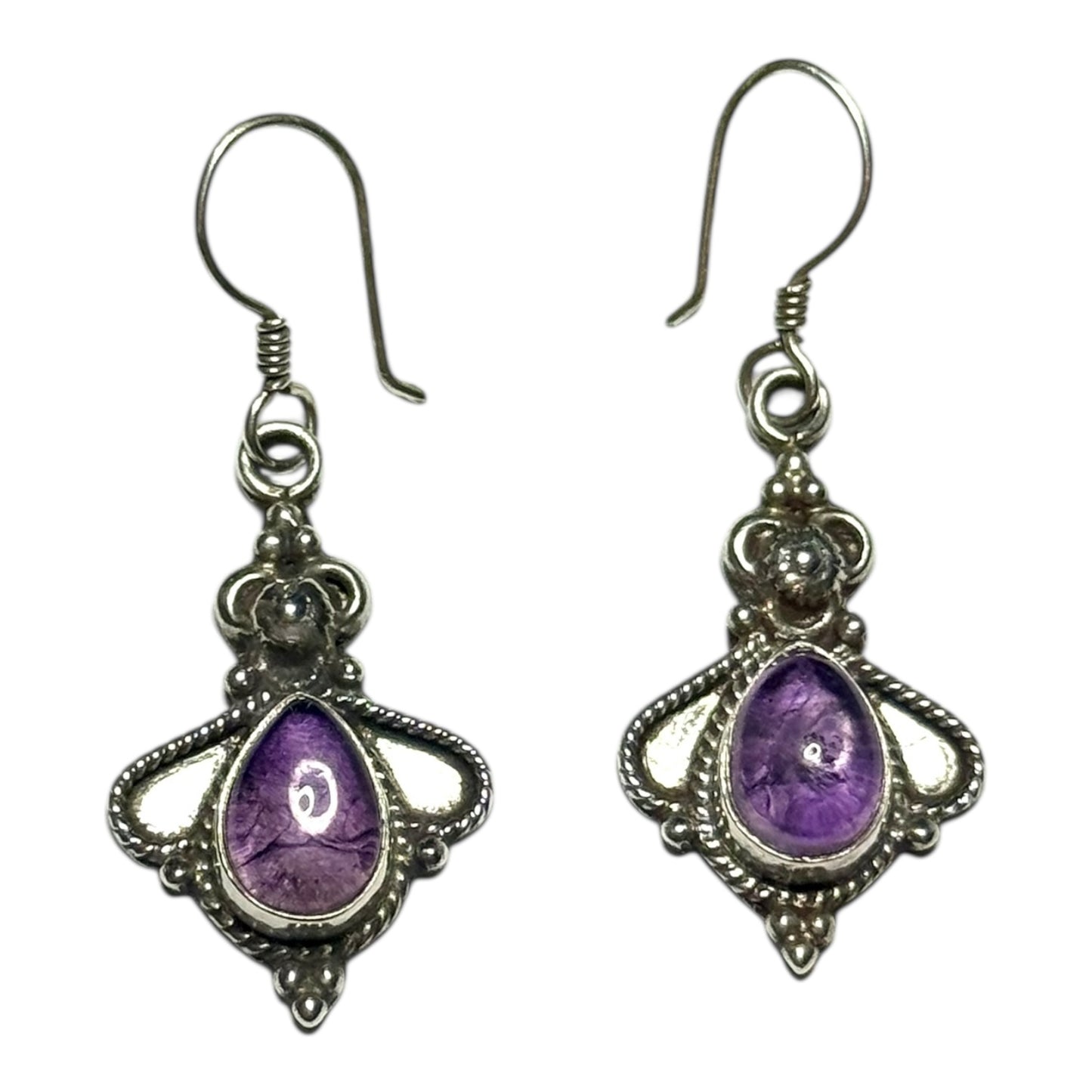 Vintage Amethyst Cabochon Silver Dangle Earrings