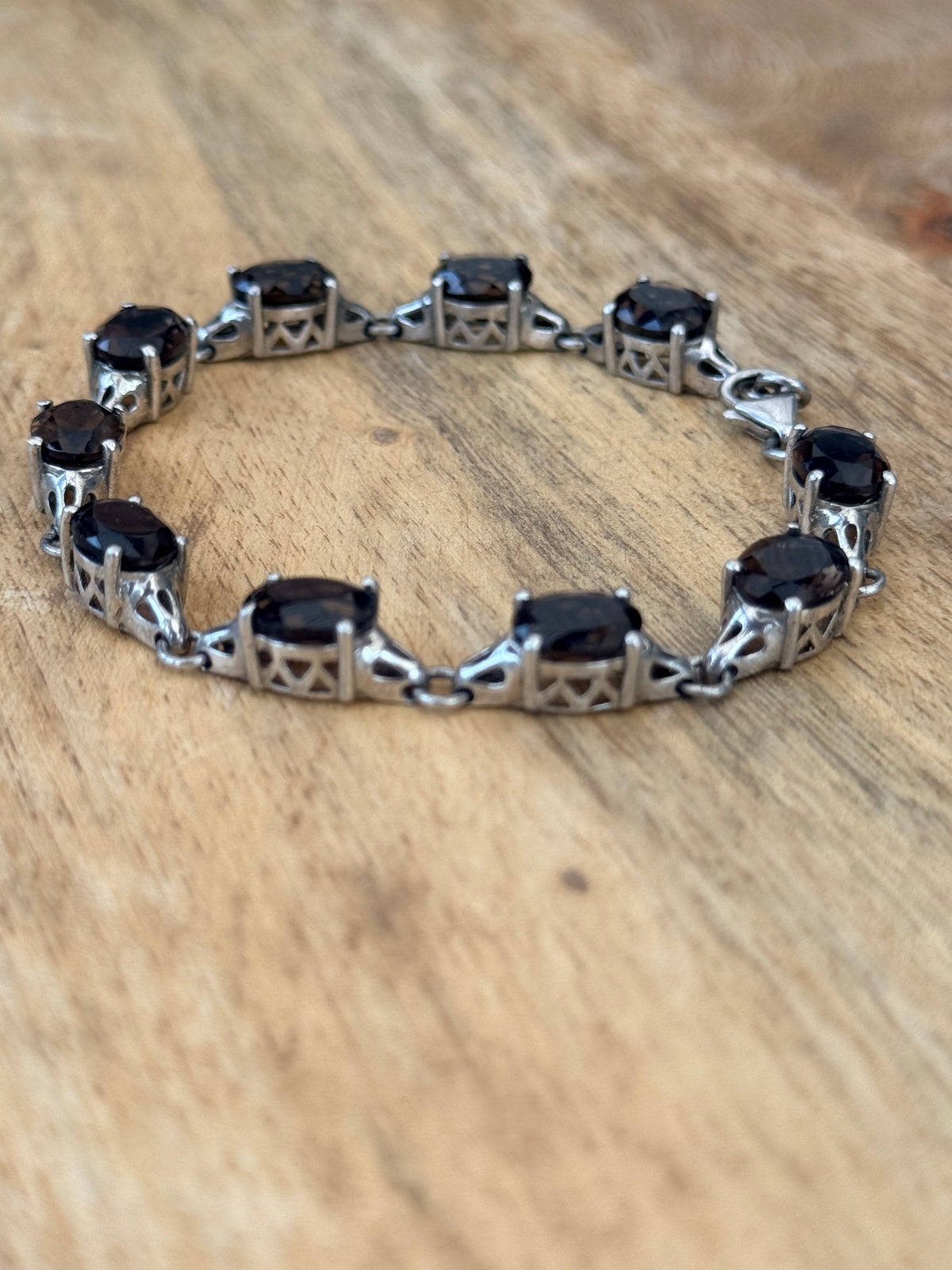 Quality Vintage Hallmarked Smokey Quartz Oval 18ct 925 Silver Bracelet 7 1/2"