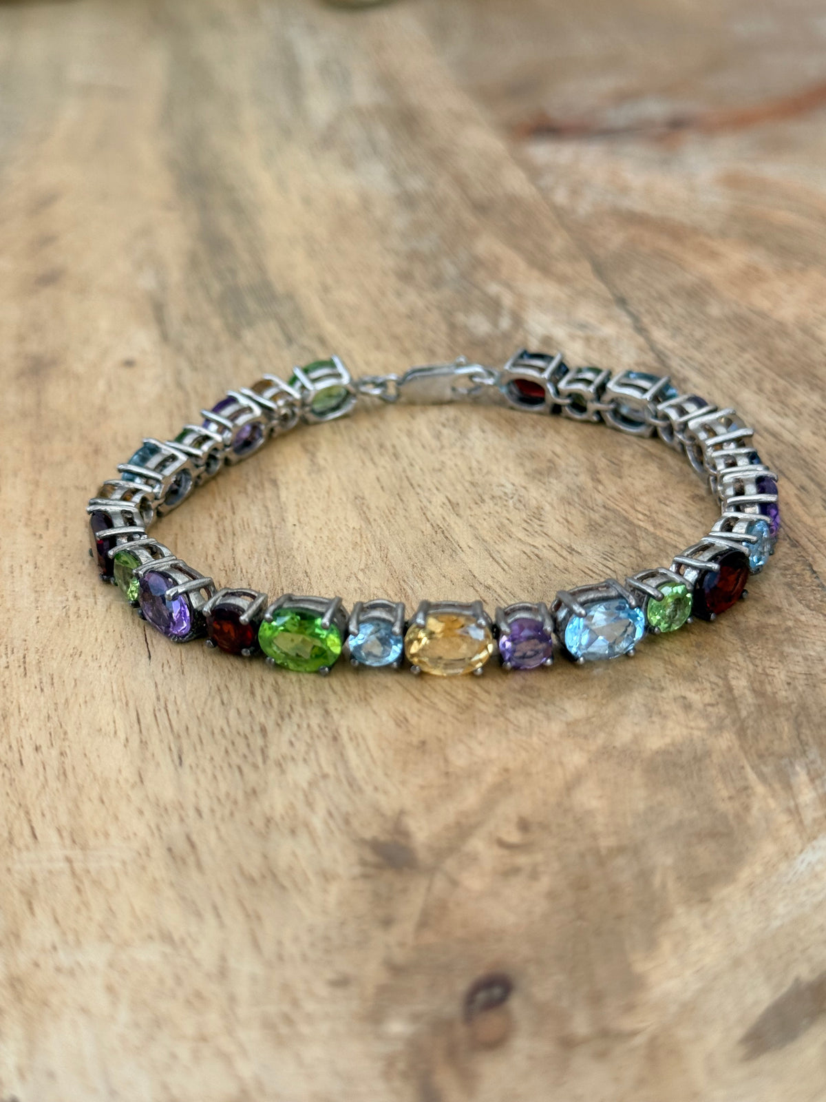 Colourful 21ct Multi Gem Oval & Round Cut 925 Silver Bracelet 7 1/2"