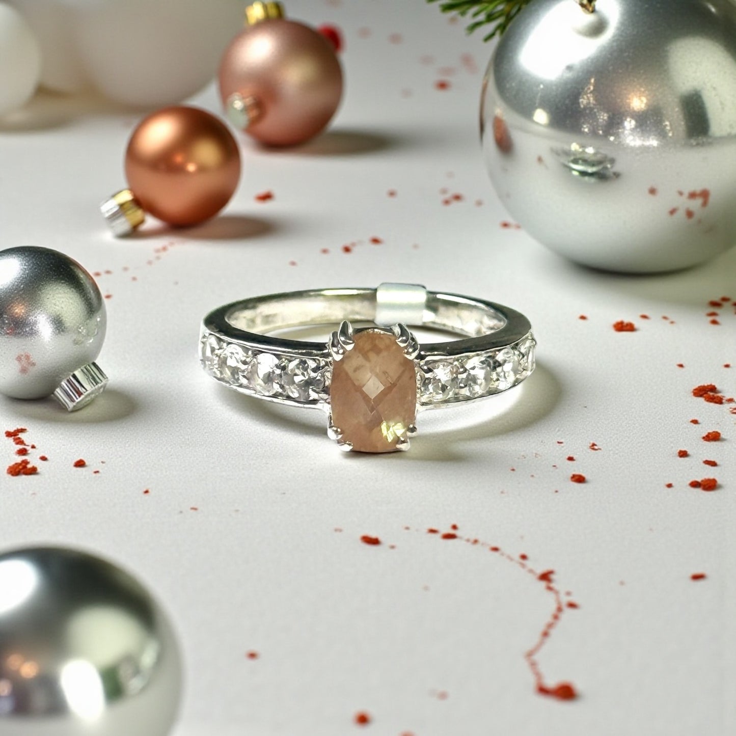 New Sunstone & White Topaz Silver Stacking Ring Size N 1/2 CSC
