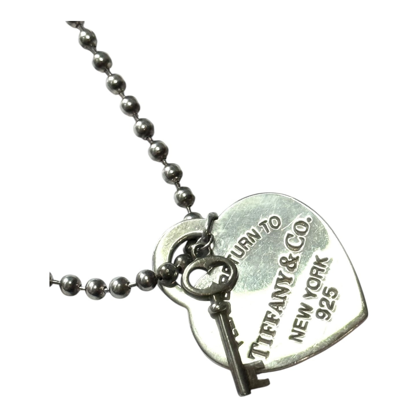 Vintage Tiffany & Co Sterling Silver Heart Key With 36" Beaded Chain