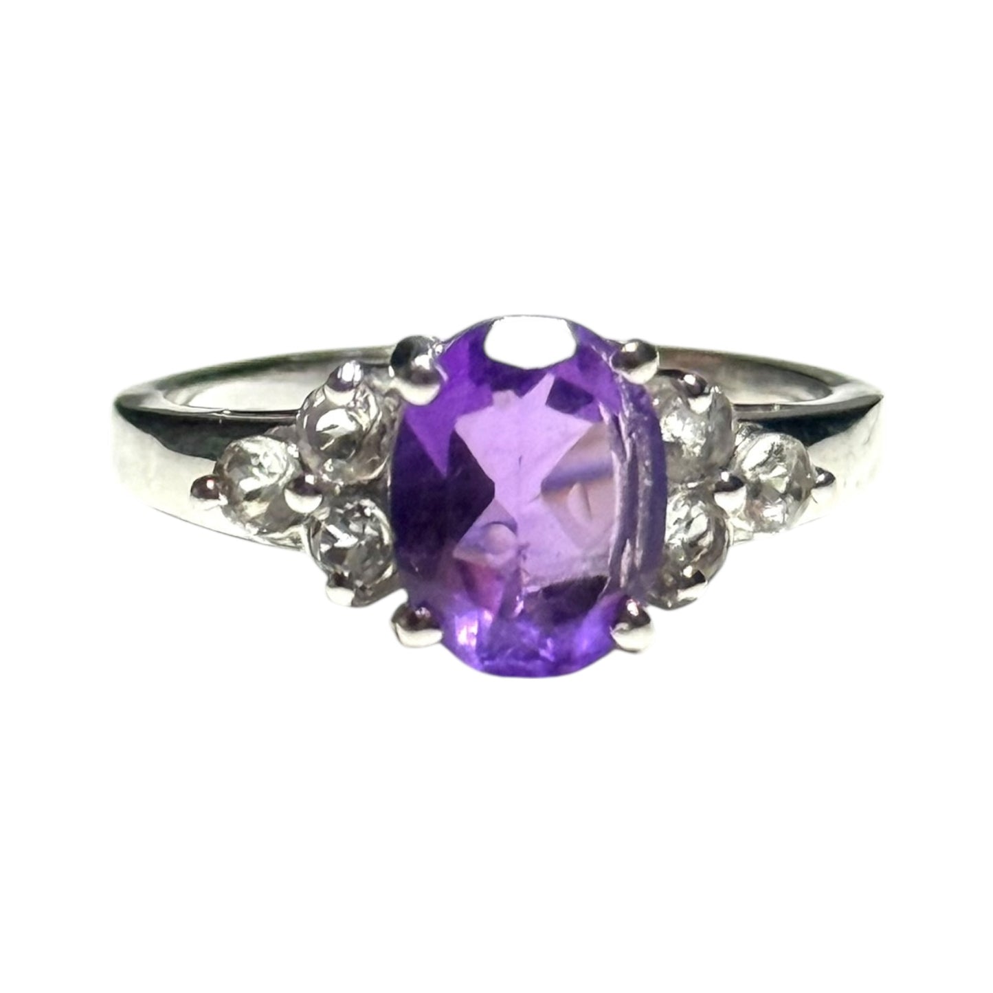 New Amethyst & White Topaz Silver Ring Size N - CSC