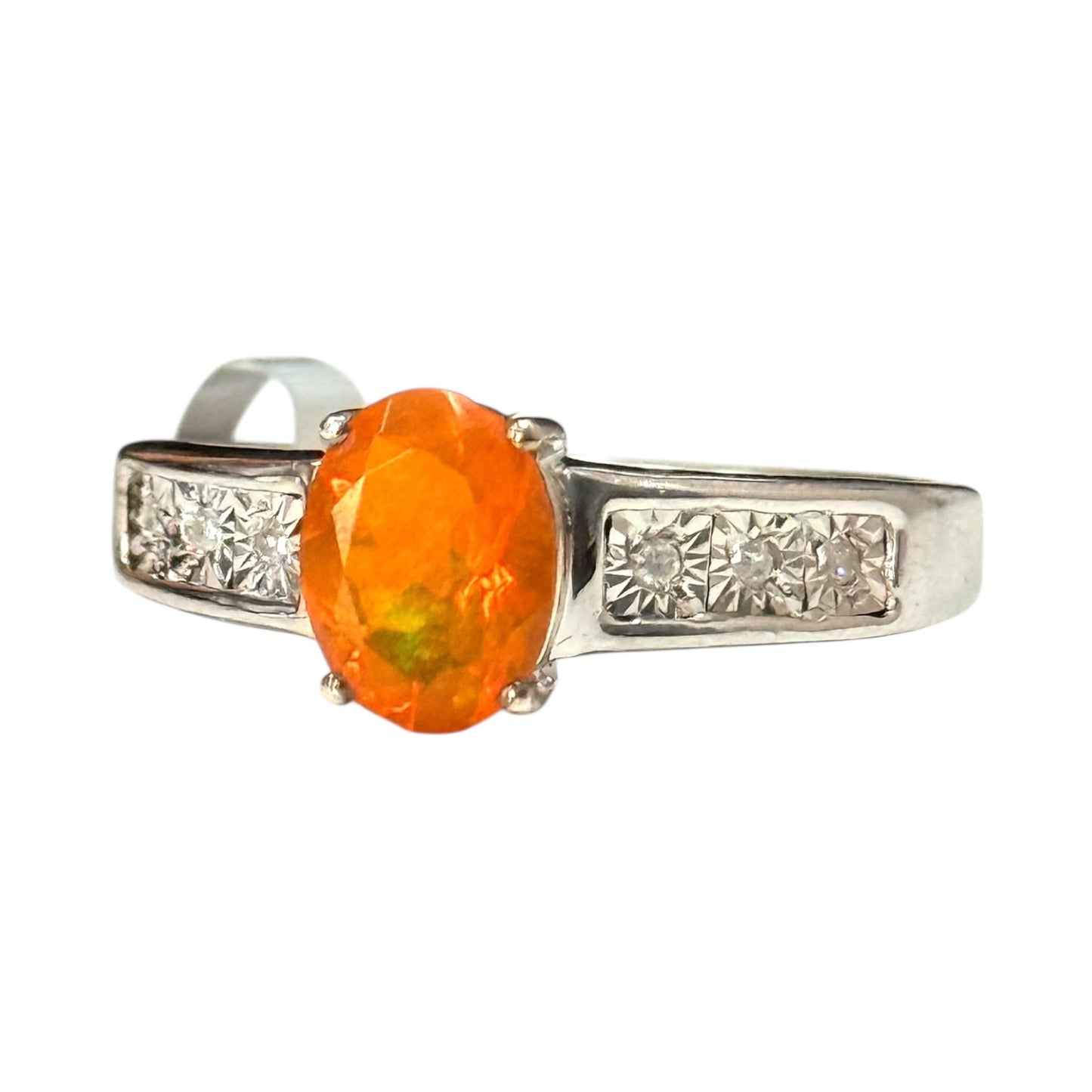 New Fire Opal & Diamond Silver Ring Size P 1/2 CSC