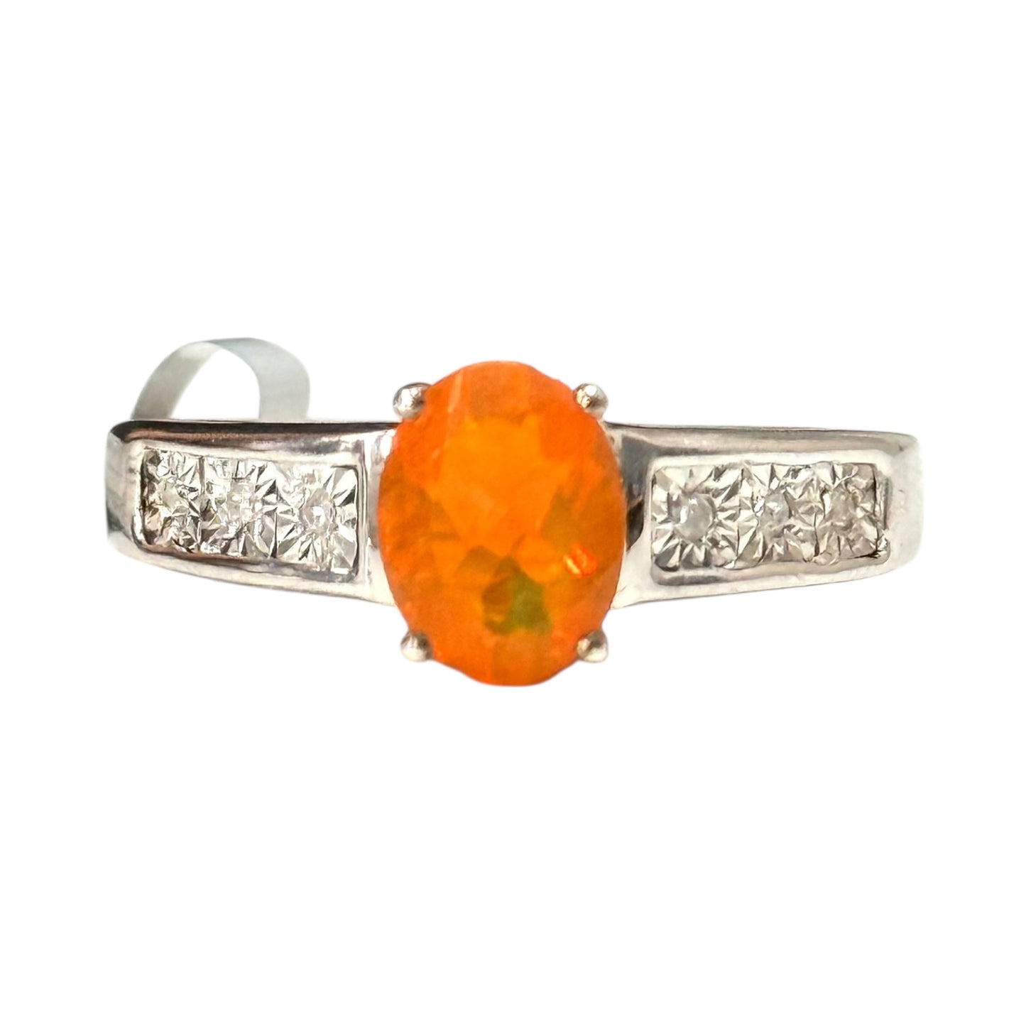 New Fire Opal & Diamond Silver Ring Size P 1/2 CSC