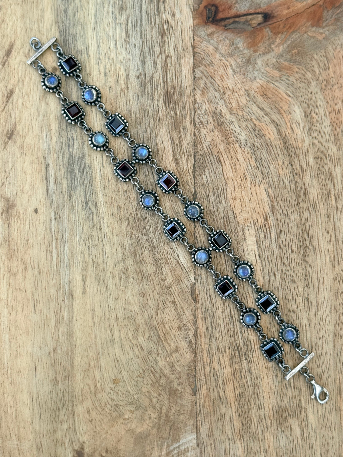 Pretty Double Row Moonstone & Garnet Vintage Bracelet 925 Silver 7 1/2"