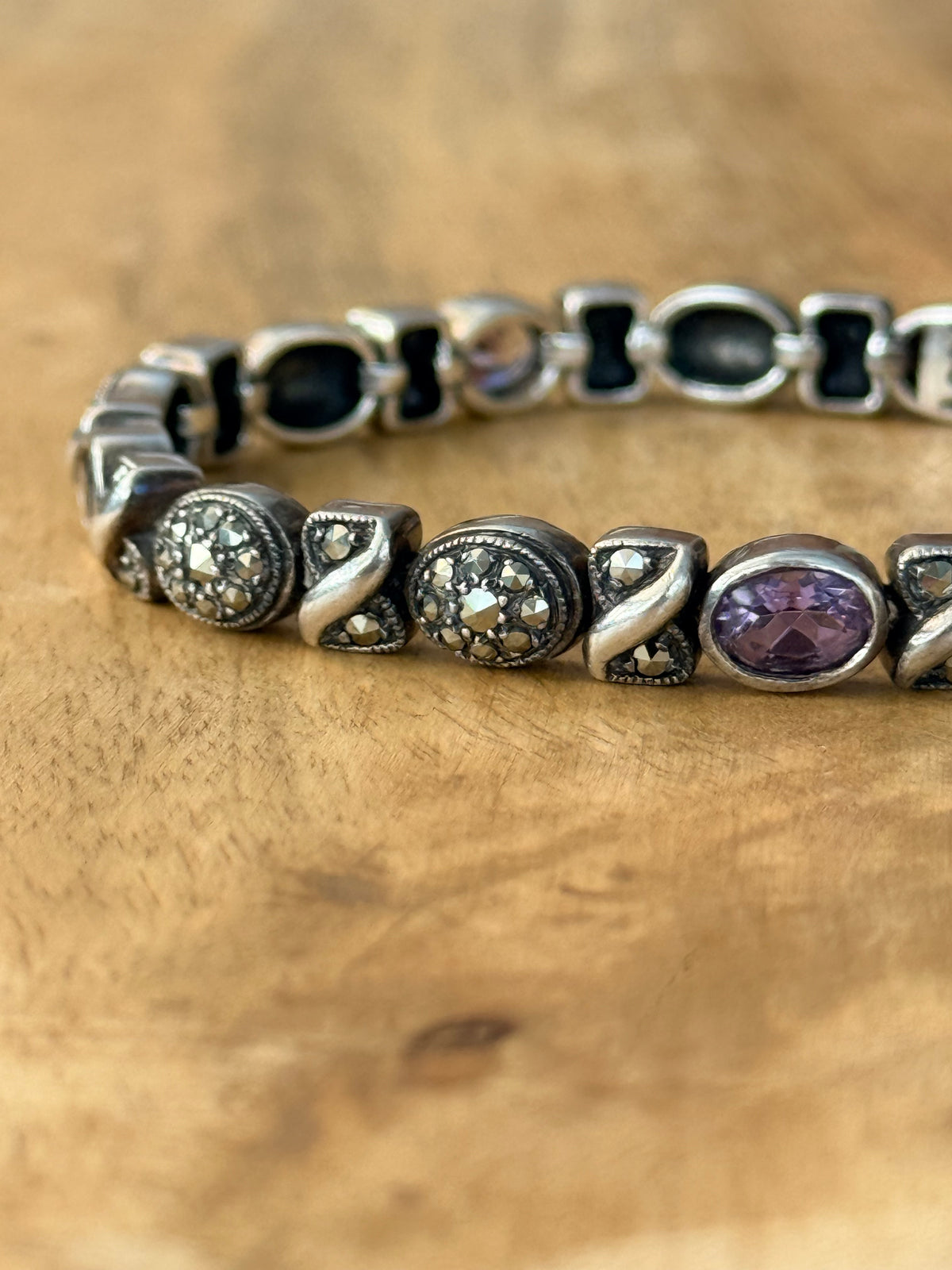 Very Sparkly Art Deco Style Amethyst Marcasite 925 Silver Bracelet 7 1/2"