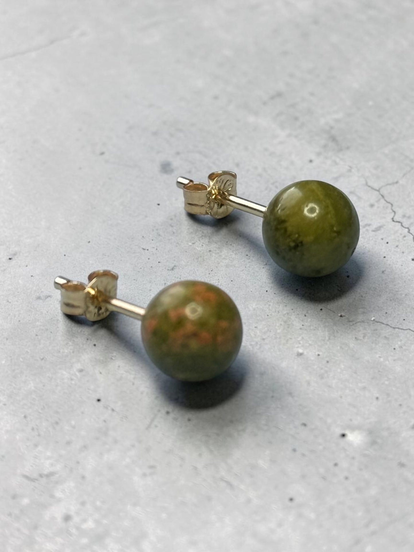 Unusual 5mm Unakite Globe 9k Gold Earrings
