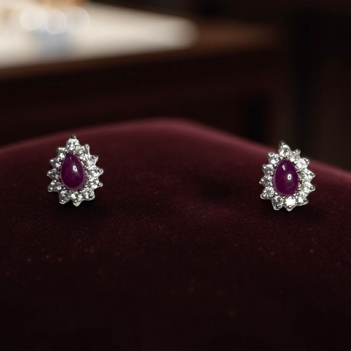 Ruby Cabochon & Diamond Halo Gold Earrings