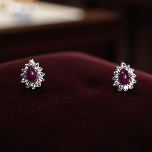 Ruby Cabochon & Diamond Halo Gold Earrings