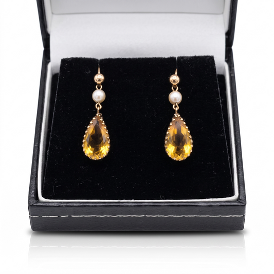 Gorgeous Citrine & Pearl Drop 9k Gold Earrings