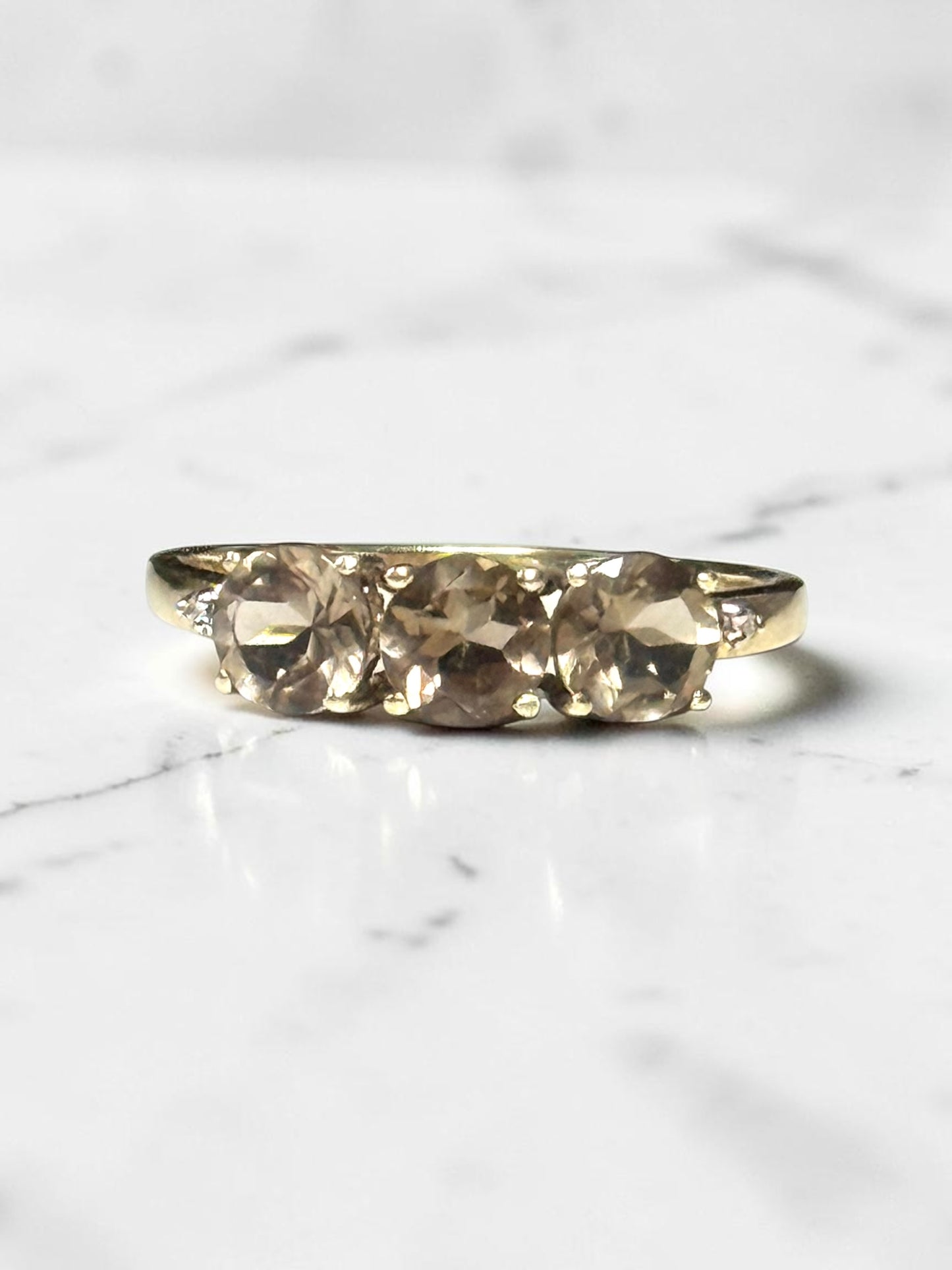 New Smokey Quartz Trilogy & Diamond 9k Gold Ring Size P