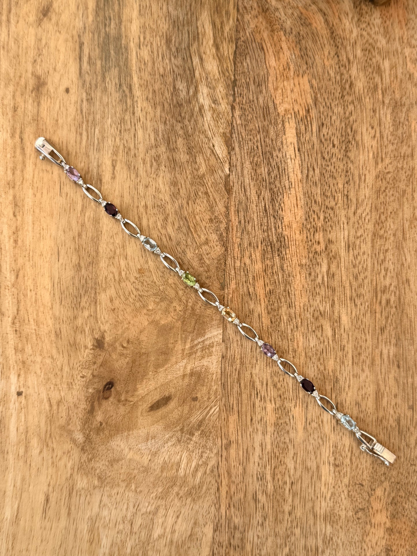 Pretty 925 Silver Multi Gem Citrine, Amethyst etc Bracelet Size 7"