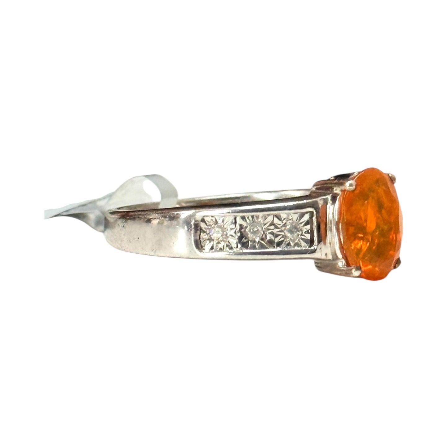 New Fire Opal & Diamond Silver Ring Size P 1/2 CSC