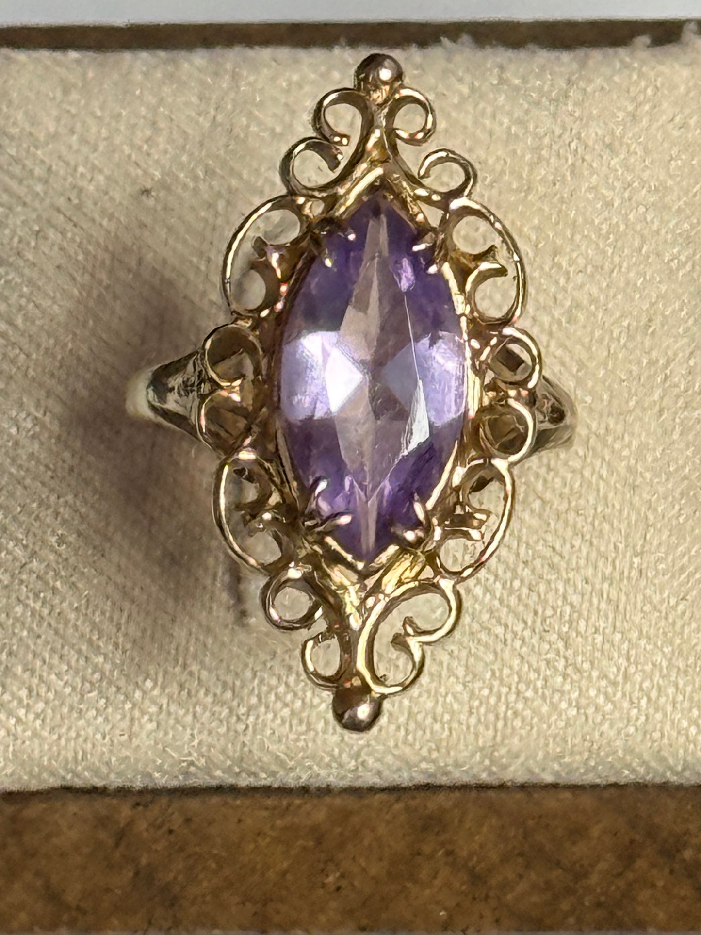 Fancy Vintage Marquis Amethyst 9k Cocktail Gold Ring