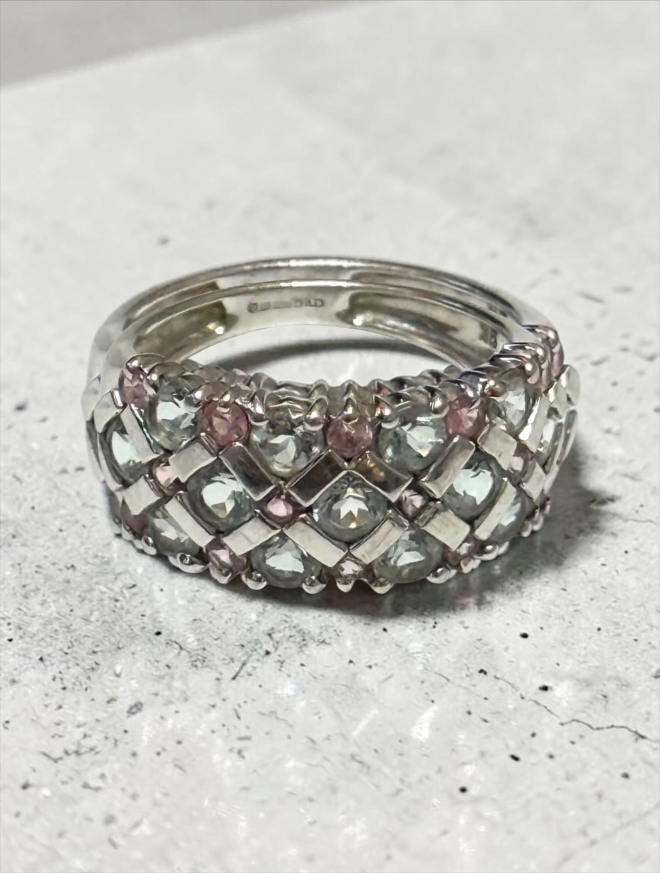 Vintage Aquamarine & Pink Sapphire White Gold Ring Size K