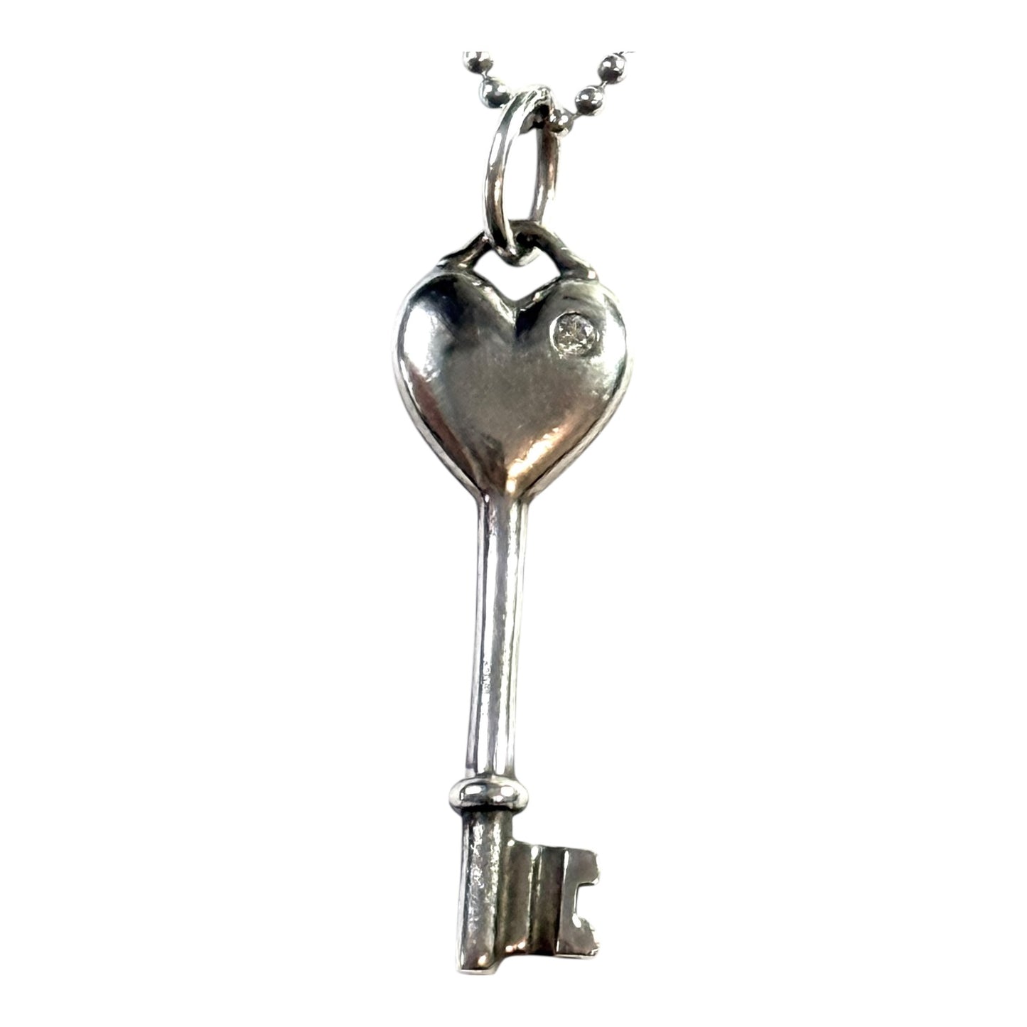 Tiffany & Co Diamond Silver Heart Key Pendant 20" Chain Necklace Rare