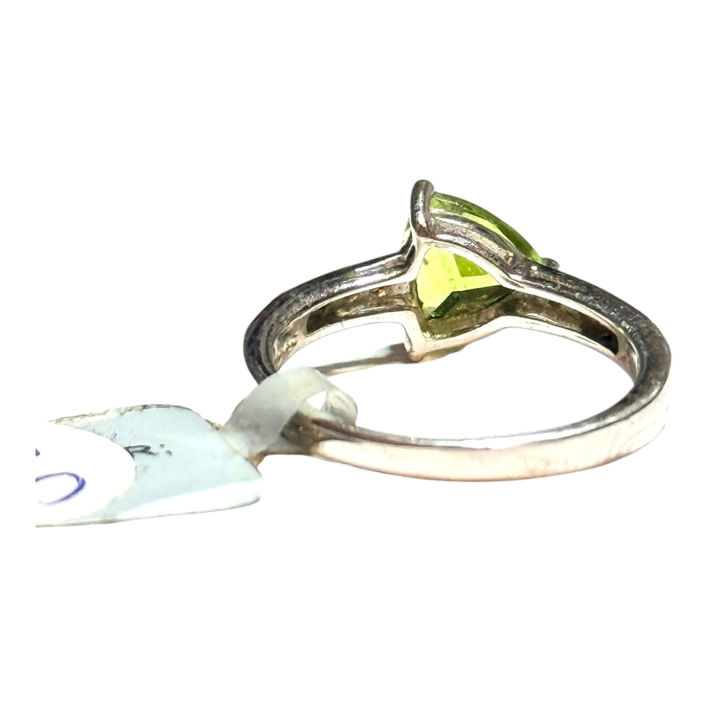 New Offset Peridot Trillion & Zircon Silver Ring Size L CSC