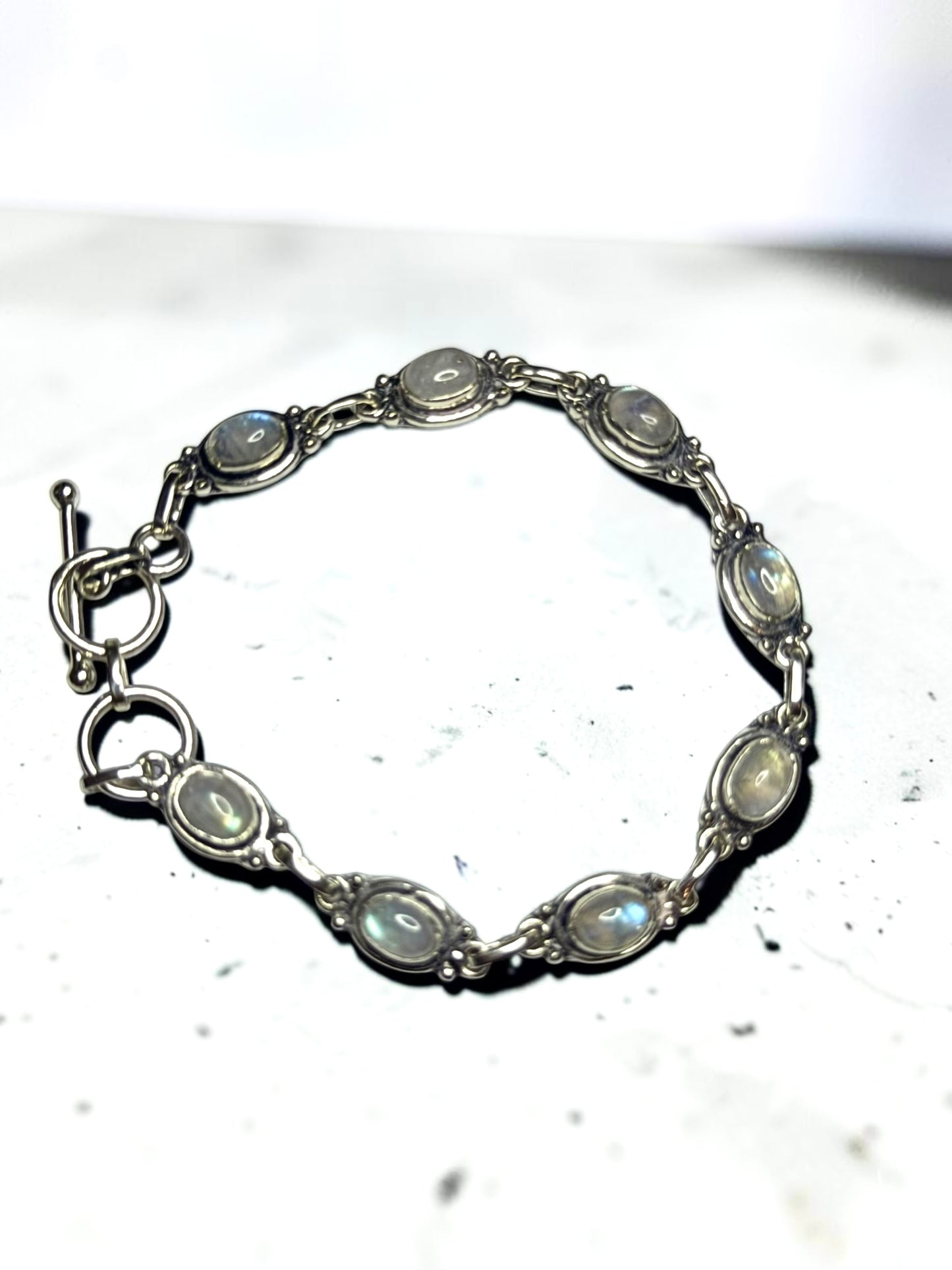 Stunning 925 Silver Vintage Moonstone Panel Bracelet Adjustable 7 1/2" - 8"