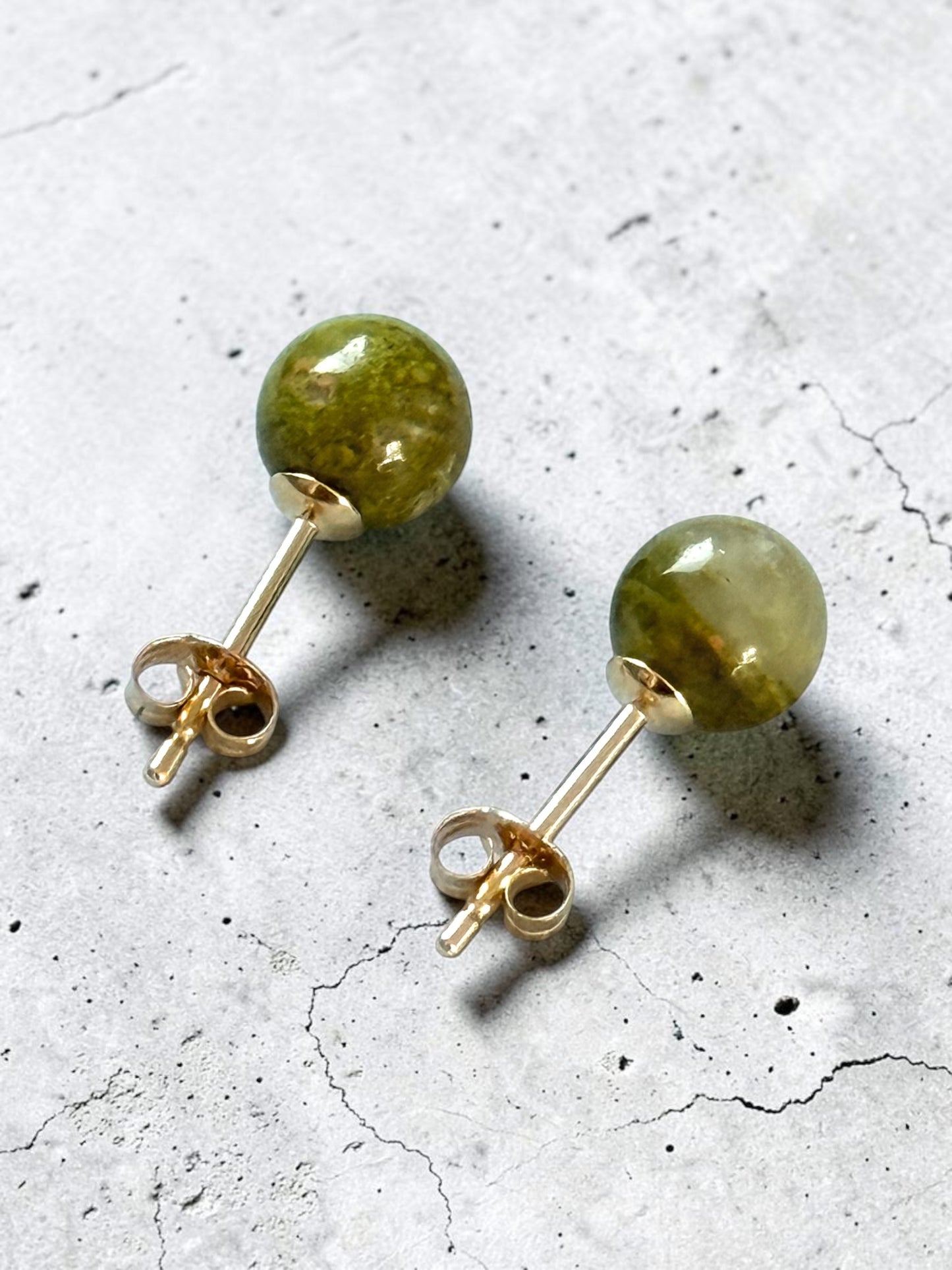 Unusual 5mm Unakite Globe 9k Gold Earrings