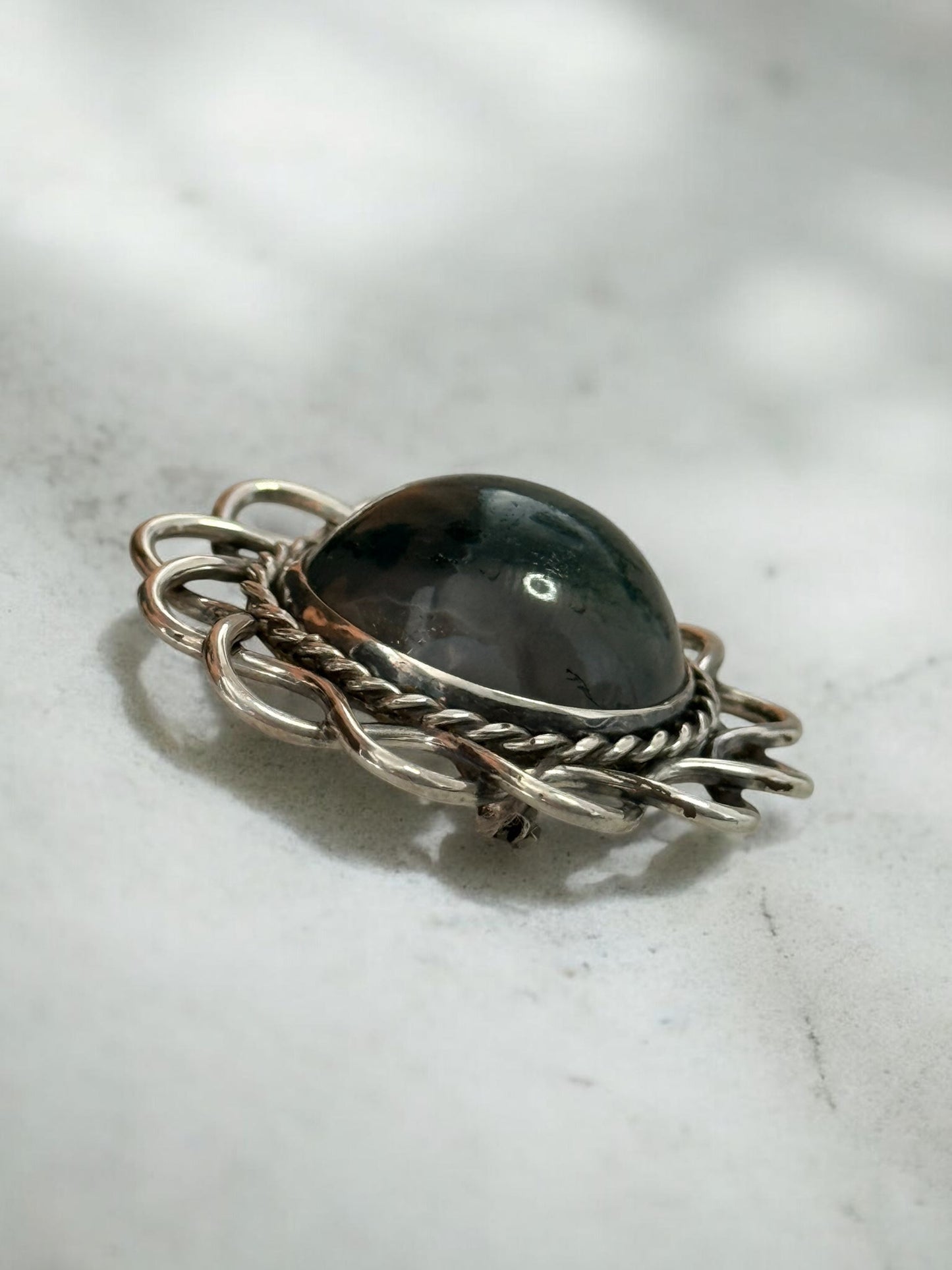 Vintage Glen Kelso Frame Moss Agate Brooch Edinburgh 1967 Hallmarked 925 Silver