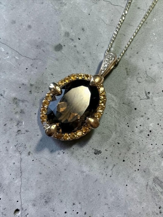 mpressive 5ct Smokey Quartz, Citrine & Diamond 9K Pendant and Chain
