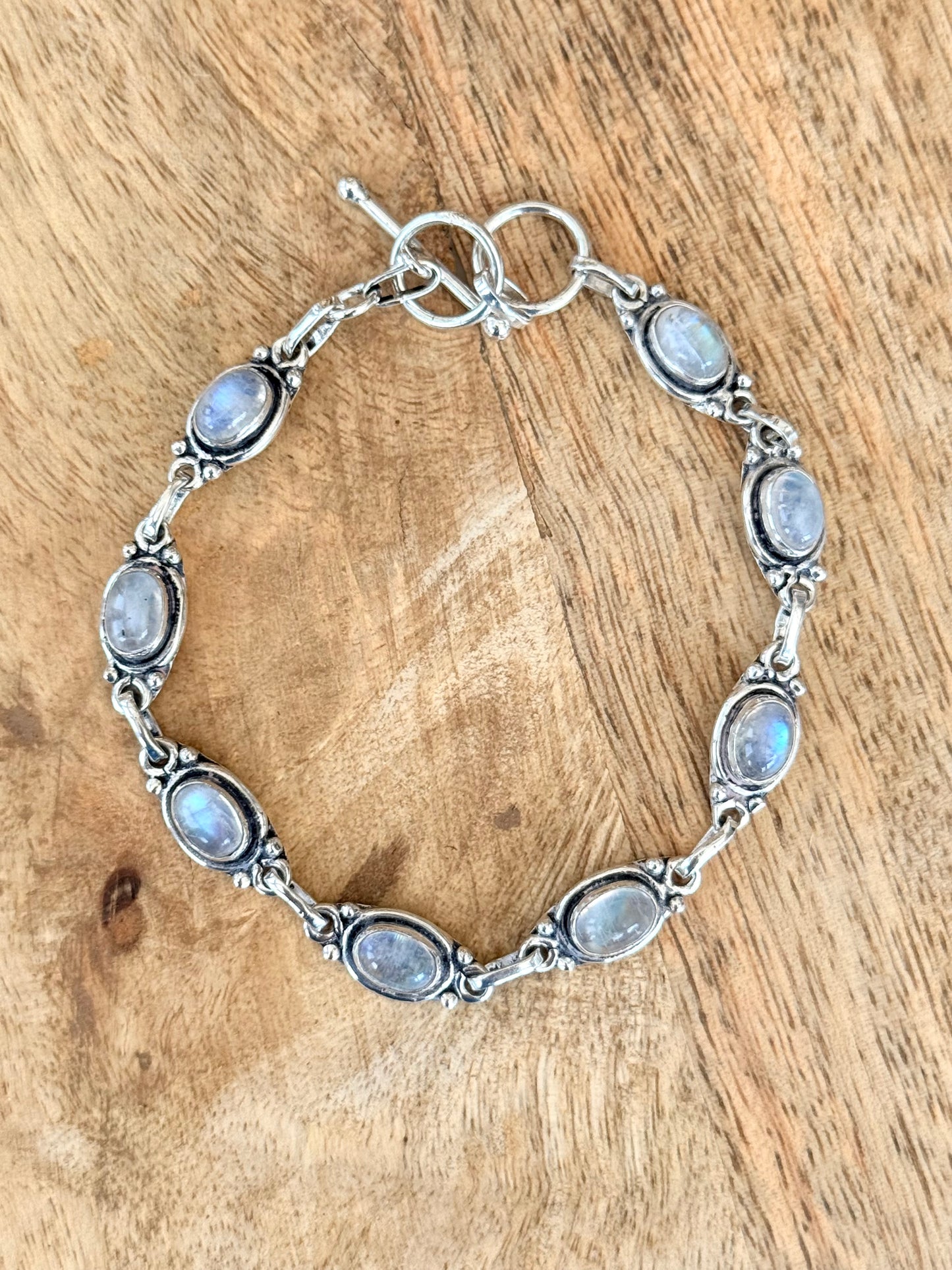Stunning 925 Silver Vintage Moonstone Panel Bracelet Adjustable 7 1/2" - 8"