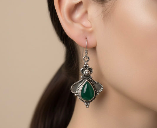 Vintage Chrysoprase Cabochon Silver Dangle Earrings