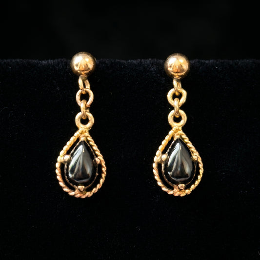 Vintage Black Onyx Drop Earrings 9k Gold