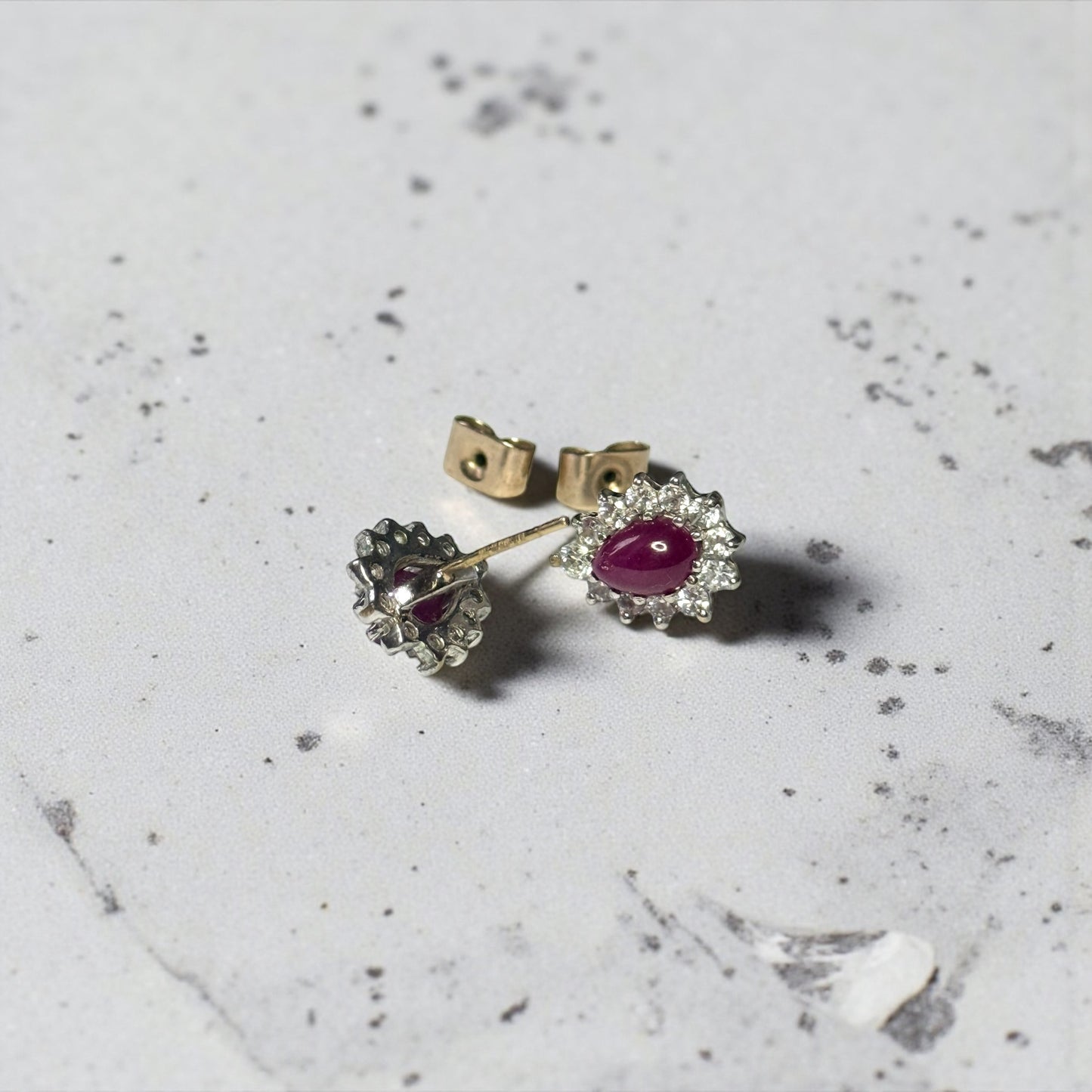 Ruby Cabochon & Diamond Halo Gold Earrings