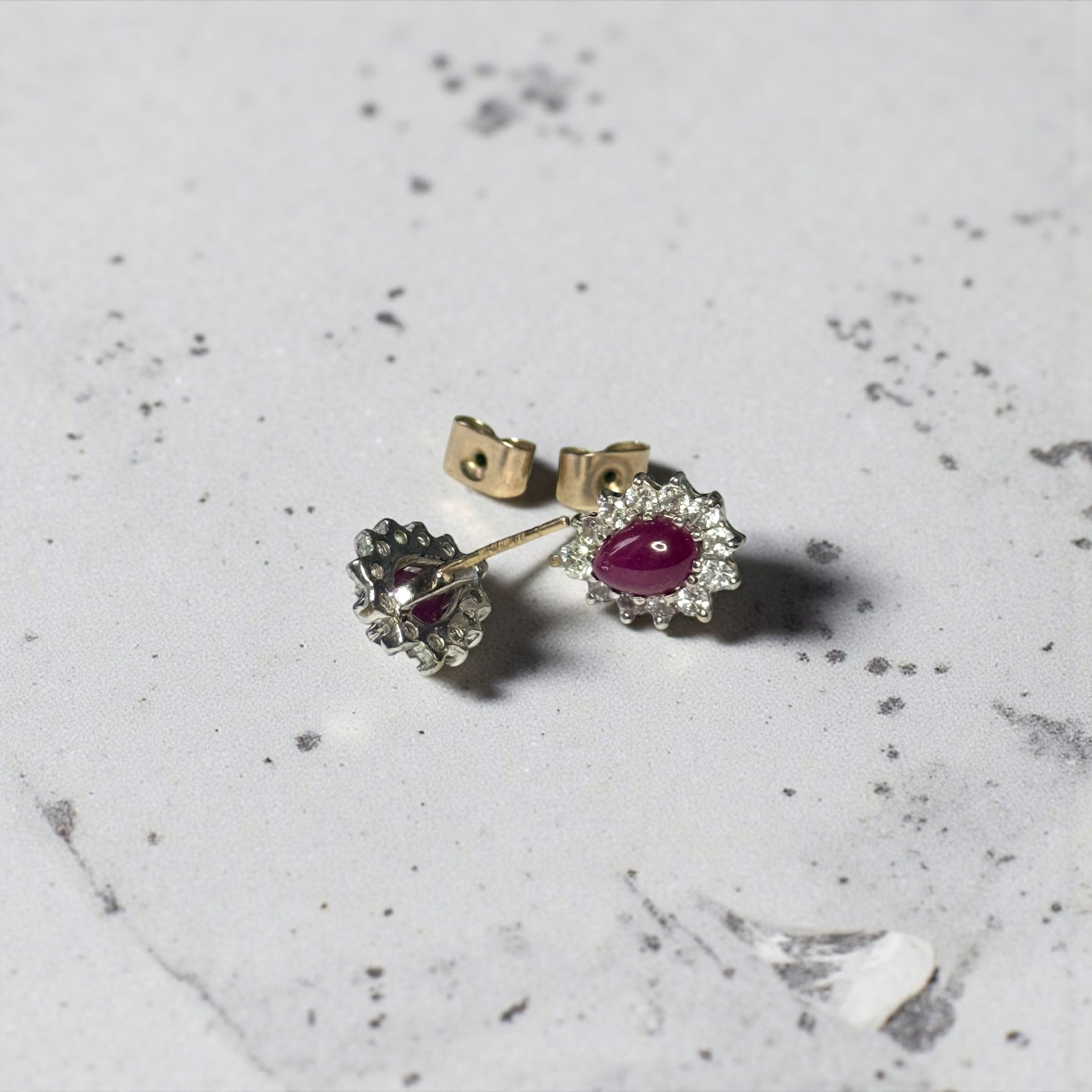 Ruby Cabochon & Diamond Halo Gold Earrings