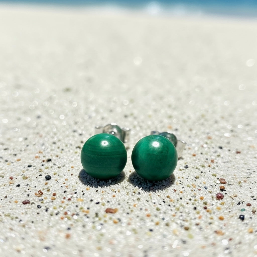 Genuine 5mm Malachite 925 Silver Earring Studs 1.6 Carats