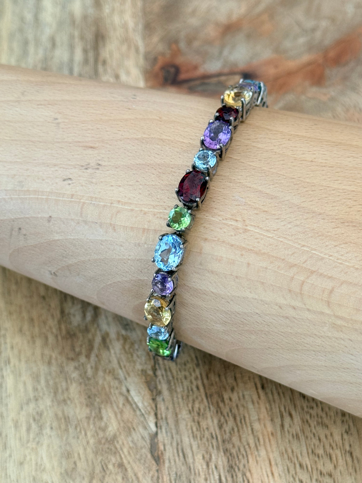 Colourful 21ct Multi Gem Oval & Round Cut 925 Silver Bracelet 7 1/2"