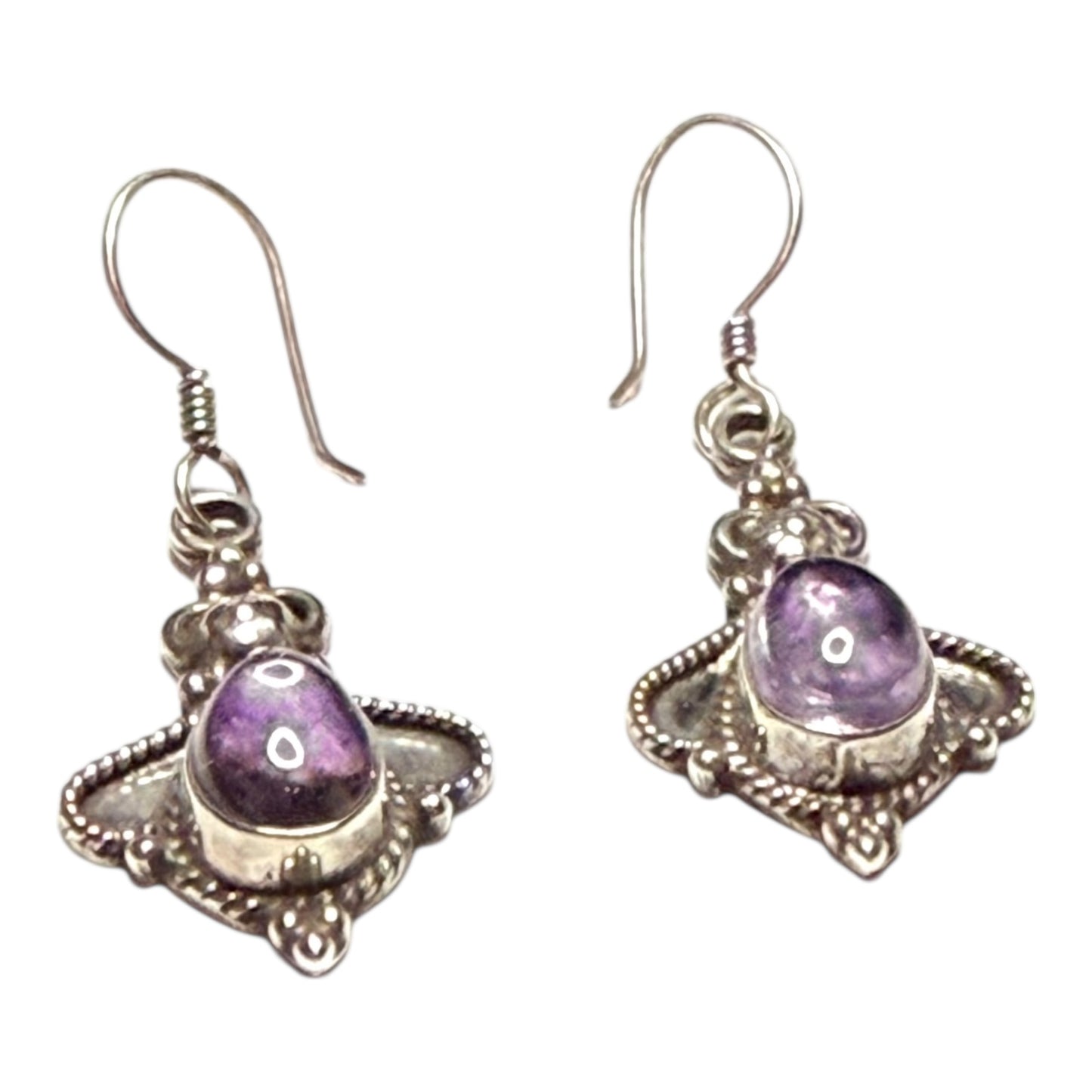 Vintage Amethyst Cabochon Silver Dangle Earrings