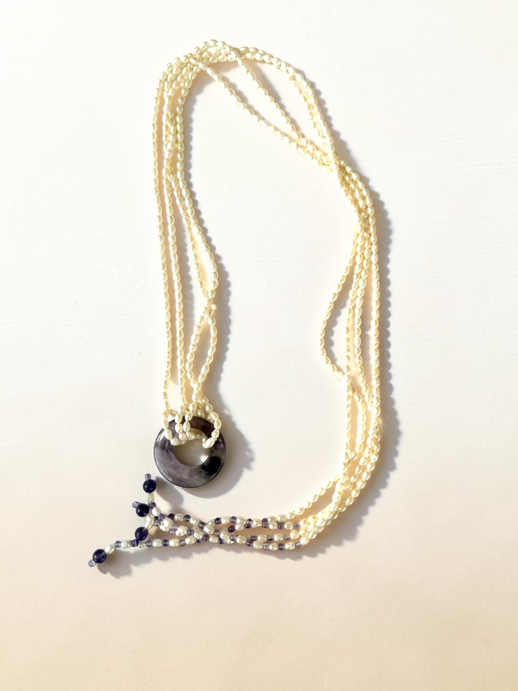 Multi Strand Cultured Pearl And Polished Amethyst Necklace
