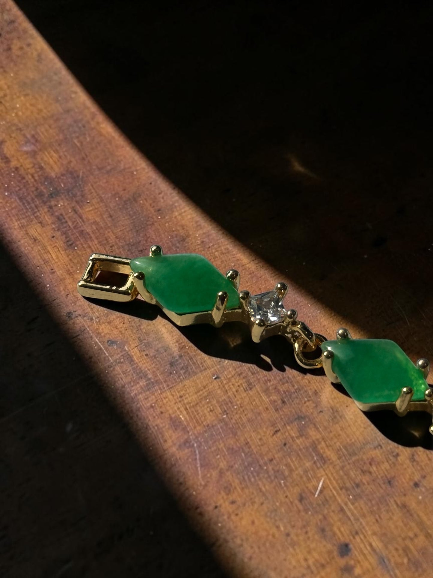 Green Jadeite & CZ Link GP Bracelet 7"