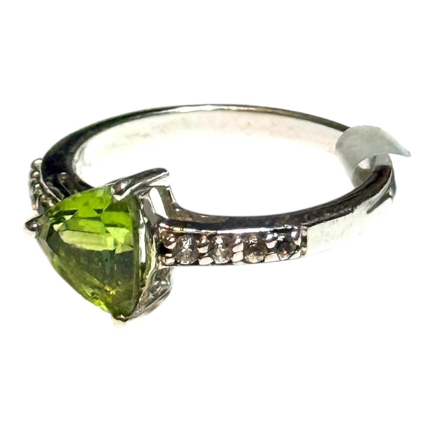 New Offset Peridot Trillion & Zircon Silver Ring Size L CSC