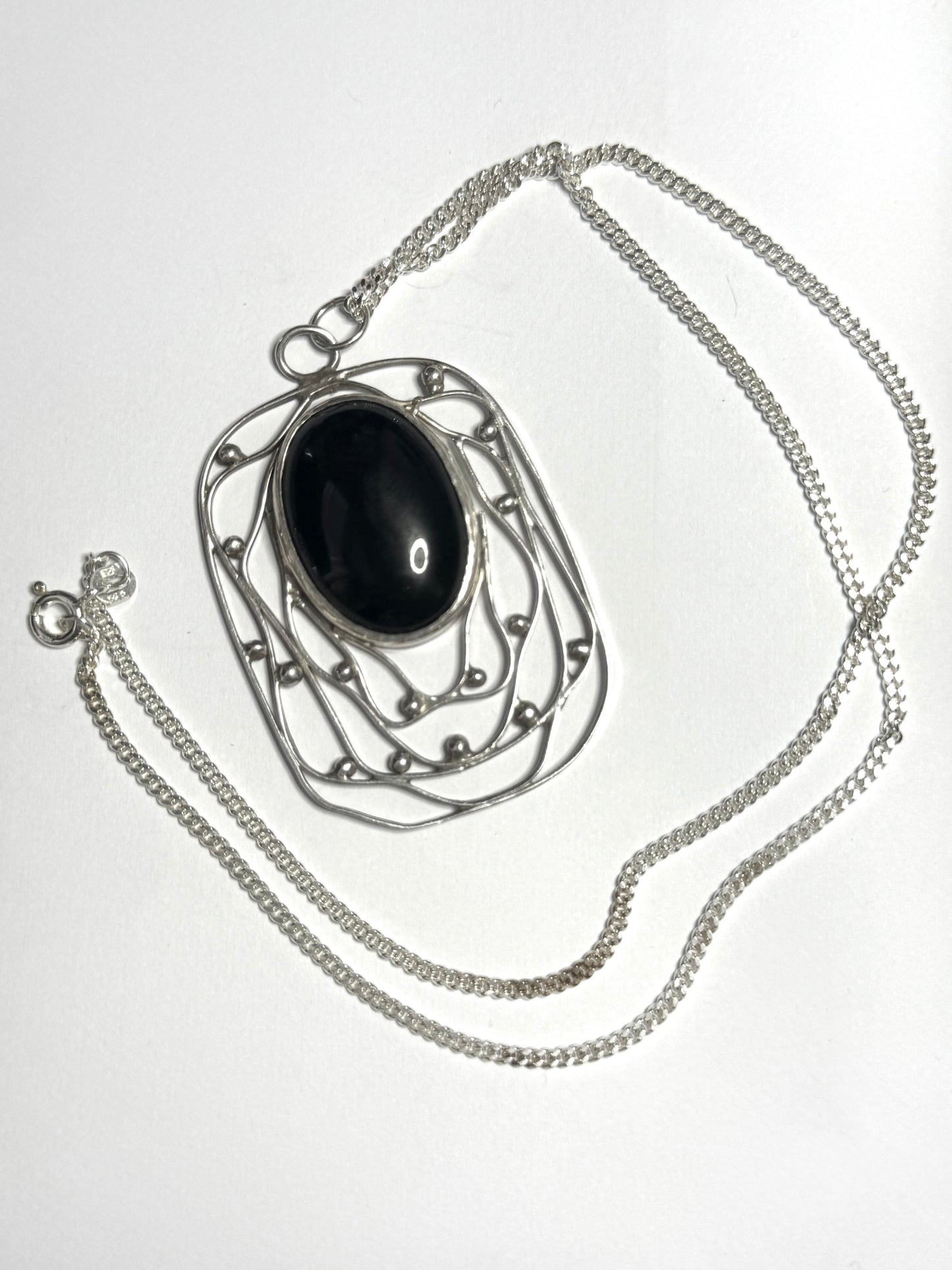 Vintage 1976 Obsidian Cabochon Silver Modernist Pendant & Chain