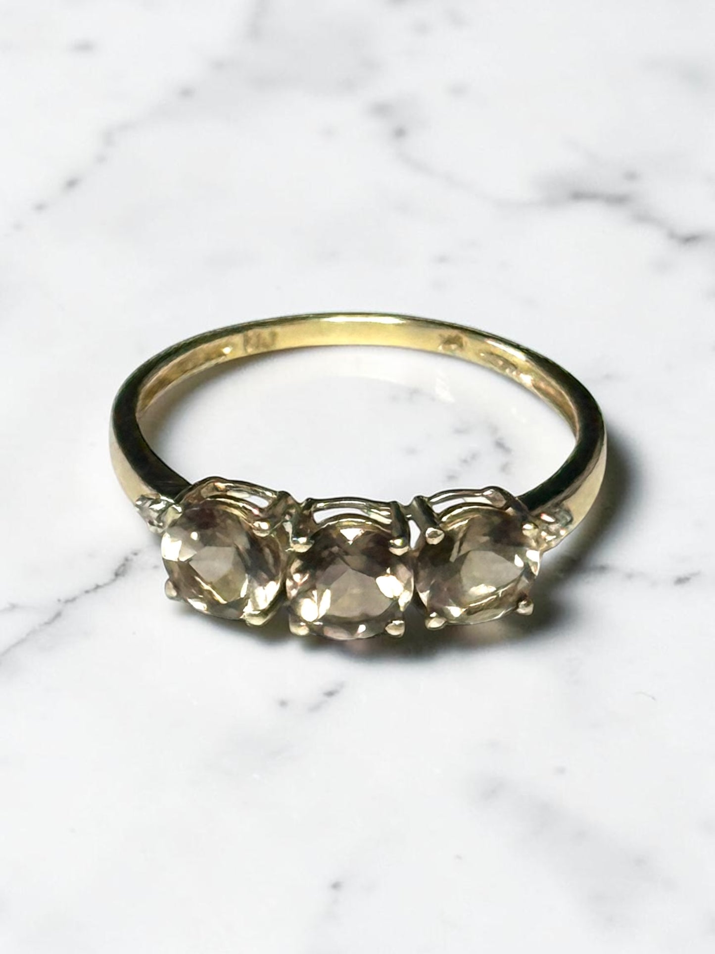 New Smokey Quartz Trilogy & Diamond 9k Gold Ring Size P